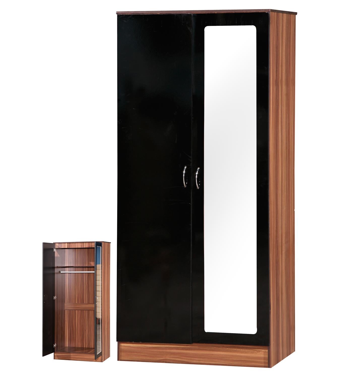 ALPHA 2 DOOR DOUBLE MIRRORED WARDROBE - BLACK/WALNUT