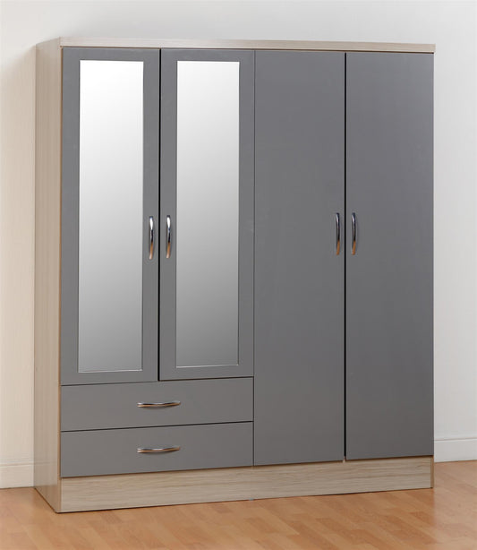 NEVADA 4 DOOR 2 DRAWER MIRRORED WARDROBE - GREY/LIGHT OAK