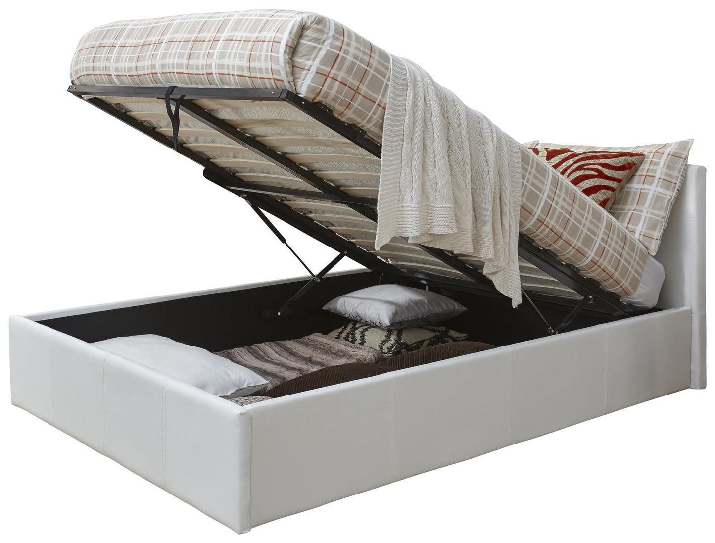 FAUX LEATHER END LIFT OTTOMAN BED - 5FT KING SIZE - WHITE