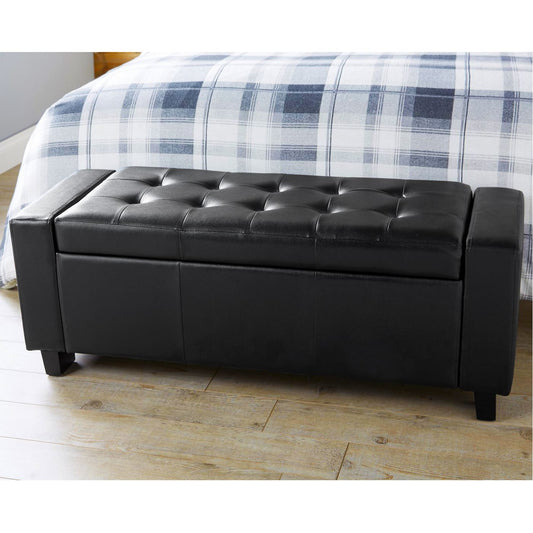 VERONA LEATHER OTTOMAN STORAGE BENCH - BLACK