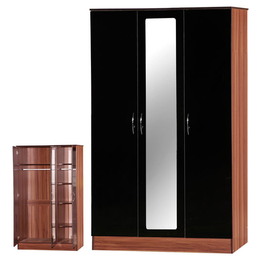 ALPHA 3 DOOR TRIPLE MIRRORED WARDROBE - BLACK/WALNUT