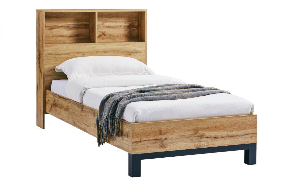 BALI WOODEN BOOKCASE HEADBOARD BED - 3FT SINGLE - OAK