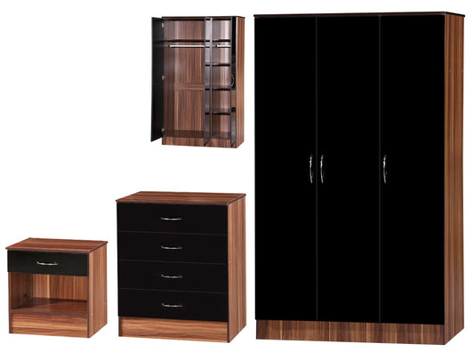 ALPHA 3 DOOR WARDROBE 3 PIECE BEDROOM SET - BLACK/WALNUT