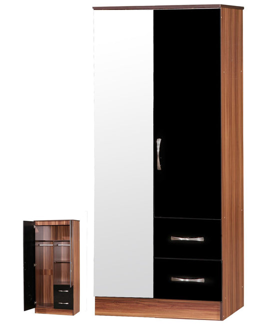 MARINA 2 DOOR COMBINATION MIRRORED WARDROBE - BLACK/WALNUT