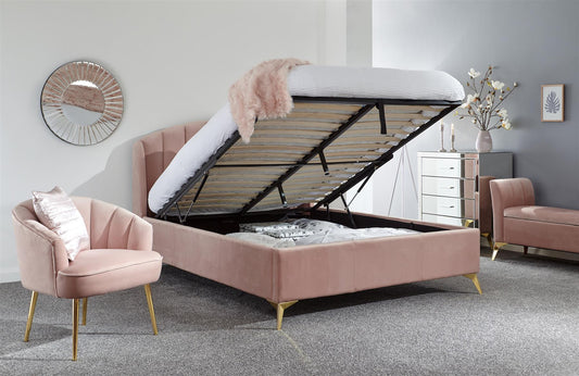 PETTINE VELVET END LIFT OTTOMAN BED - 5FT KING SIZE - BLUSH PINK