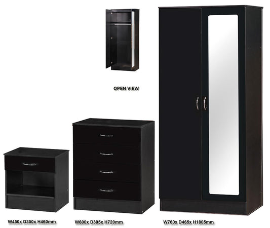 ALPHA 2 DOOR MIRRORED WARDROBE 3 PIECE BEDROOM SET - BLACK