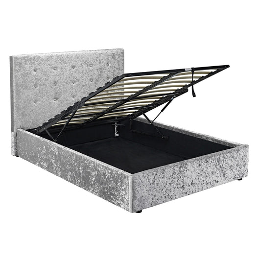 RIMINI CRUSHED VELVET END LIFT OTTOMAN BED - 4FT6 DOUBLE - SILVER