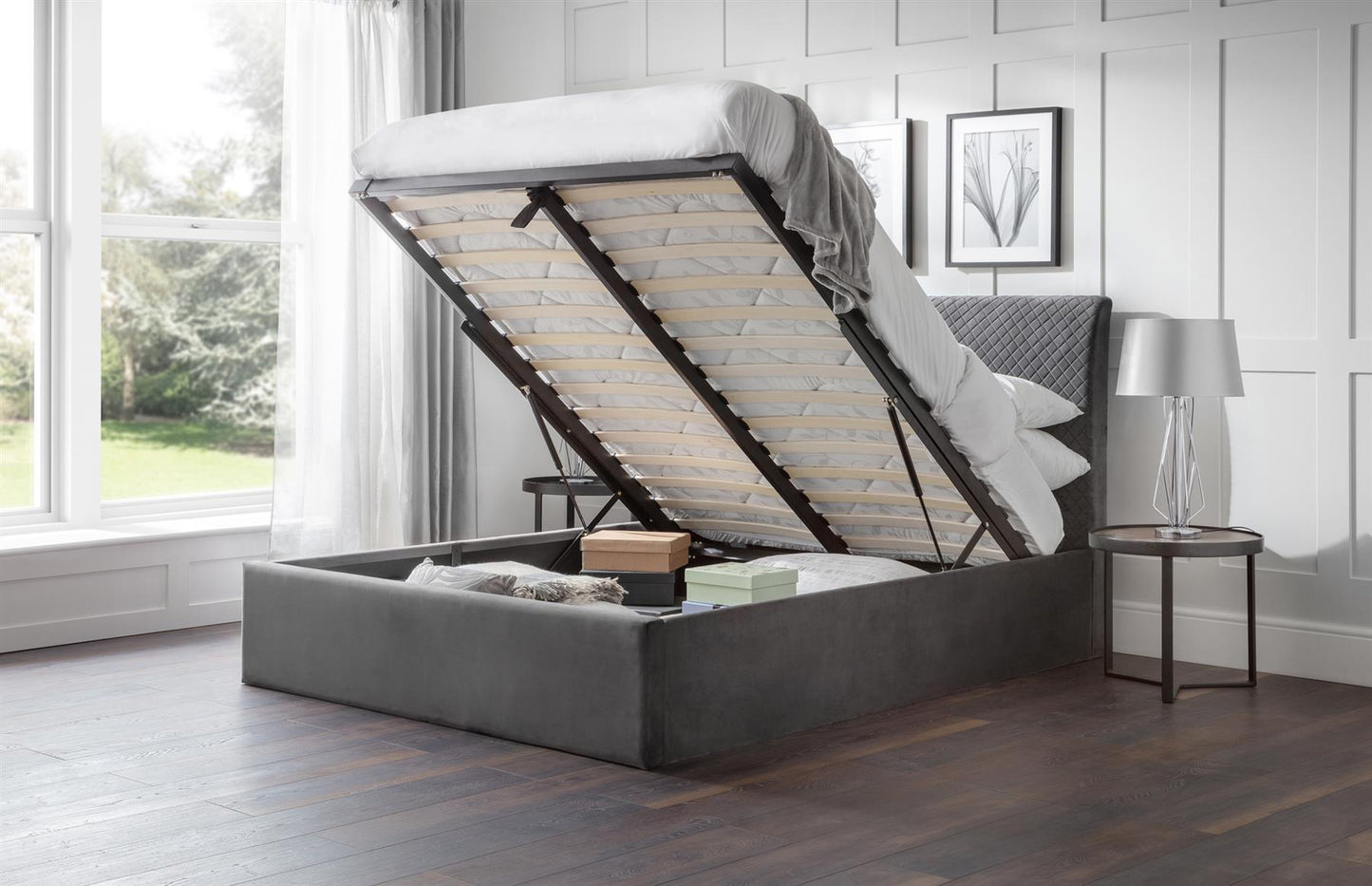 SANDERSON VELVET END LIFT OTTOMAN BED - 6FT SUPER KING SIZE - GREY