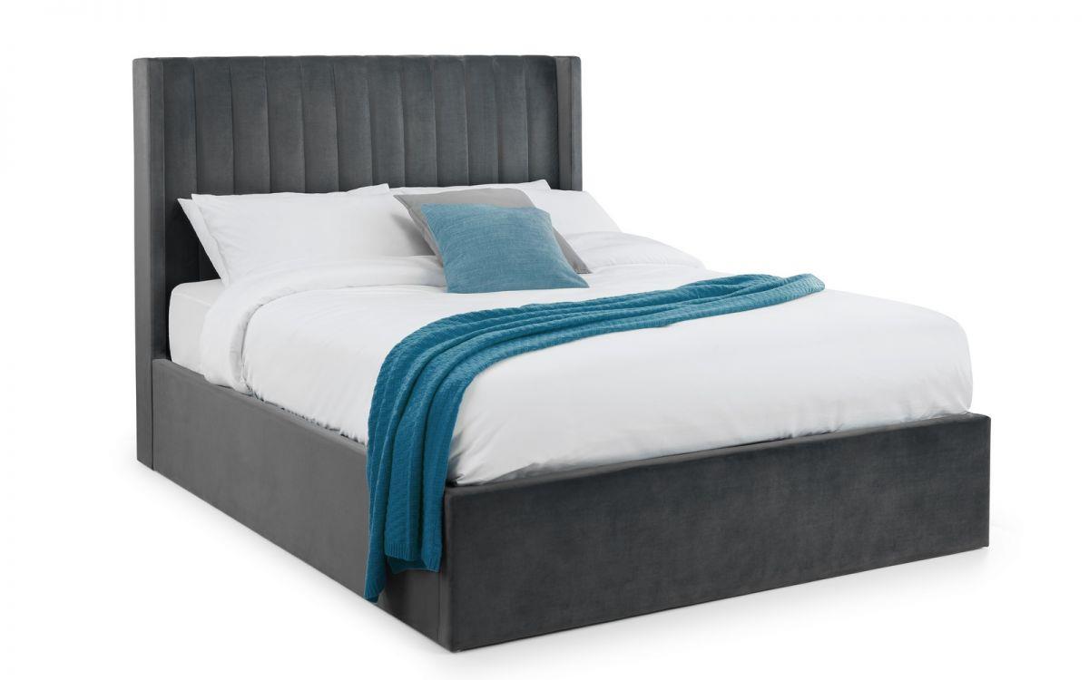 LANGHAM VELVET END LIFT OTTOMAN BED - 6FT SUPER KING SIZE - GREY