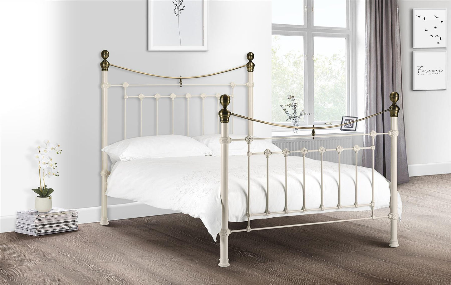 VICTORIA METAL BED - 5FT KING SIZE - STONE WHITE & BRASS