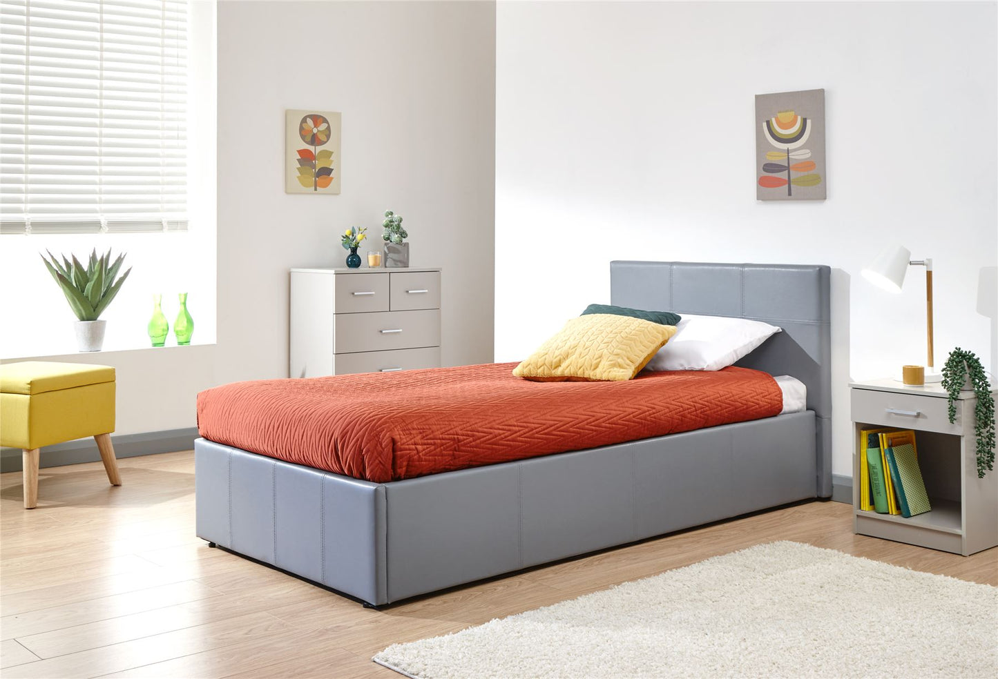 FAUX LEATHER END LIFT OTTOMAN BED - 3FT SINGLE - GREY