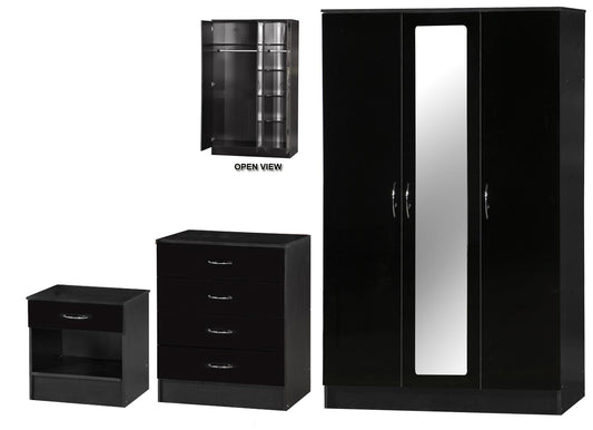 ALPHA 3 DOOR MIRRORED WARDROBE 3 PIECE BEDROOM SET - BLACK