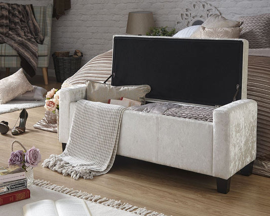 VERONA CRUSHED VELVET OTTOMAN STORAGE BENCH - OYSTER