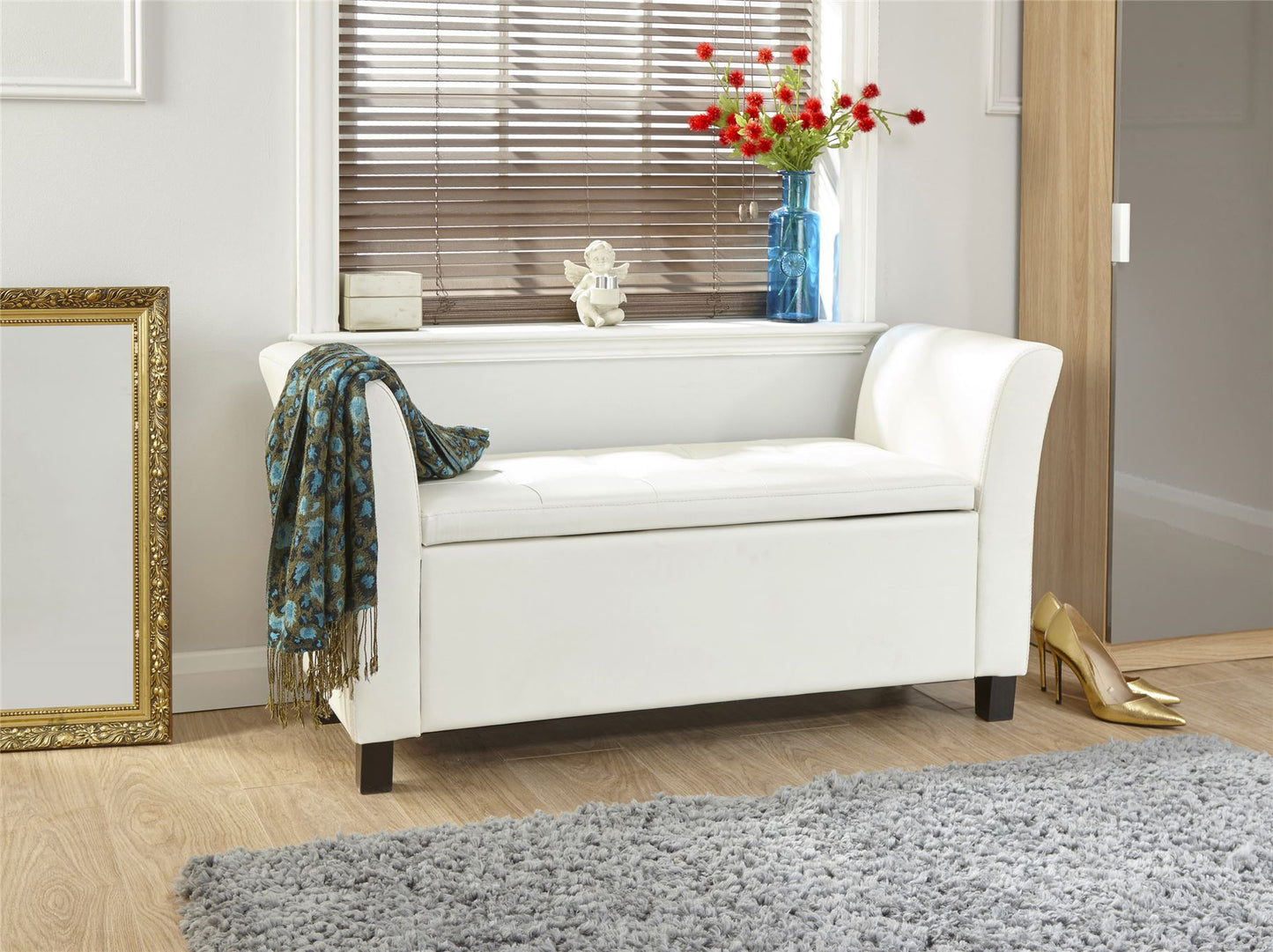 VERONA LEATHER STORAGE WINDOW SEAT - WHITE