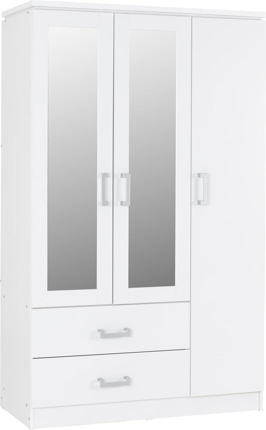 CHARLES 3 DOOR 2 DRAWER MIRRORED WARDROBE - WHITE