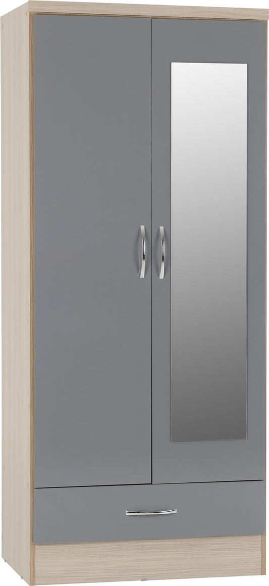 NEVADA MIRRORED 2 DOOR 1 DRAWER WARDROBE - GREY/LIGHT OAK