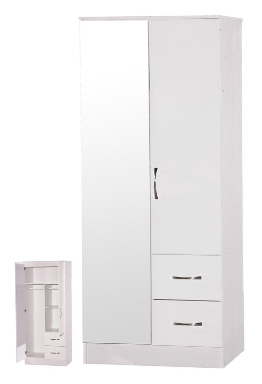 MARINA 2 DOOR COMBINATION MIRRORED WARDROBE - WHITE