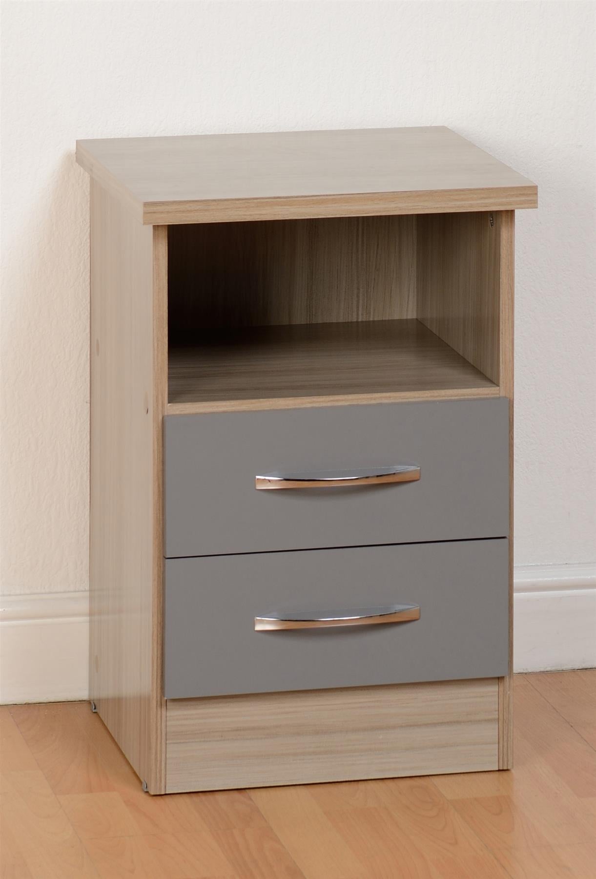 NEVADA 2-DRAWER BEDSIDE TABLE - GREY/LIGHT OAK