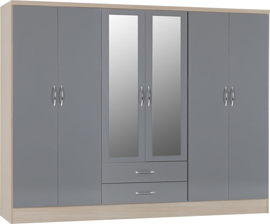 NEVADA 6 DOOR 2 DRAWER MIRRORED WARDROBE - GREY/LIGHT OAK