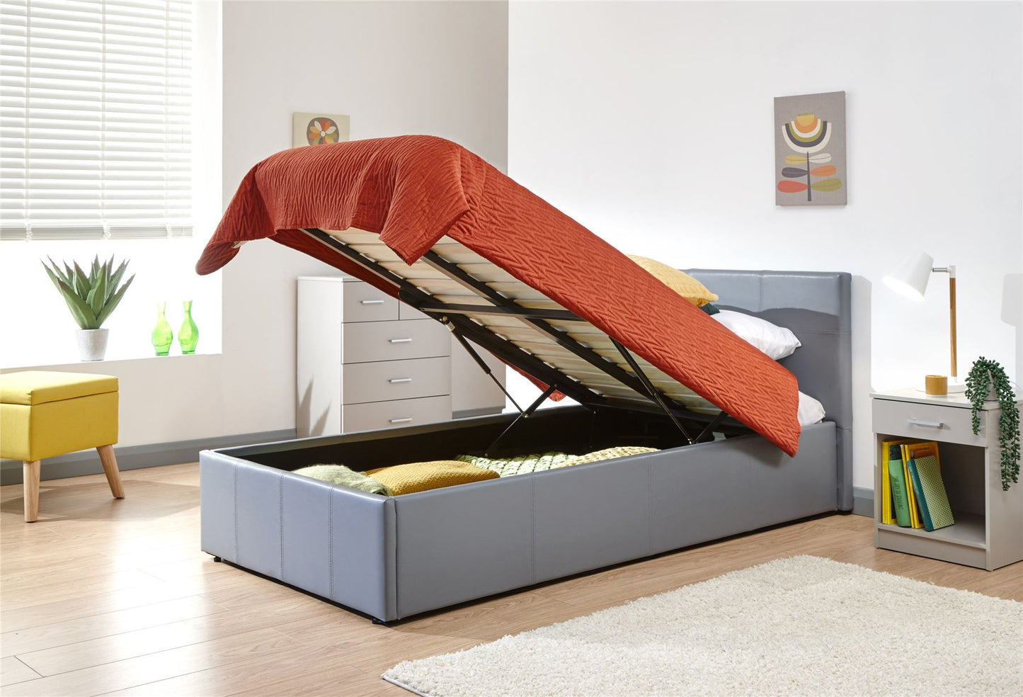 FAUX LEATHER END LIFT OTTOMAN BED - 3FT SINGLE - GREY