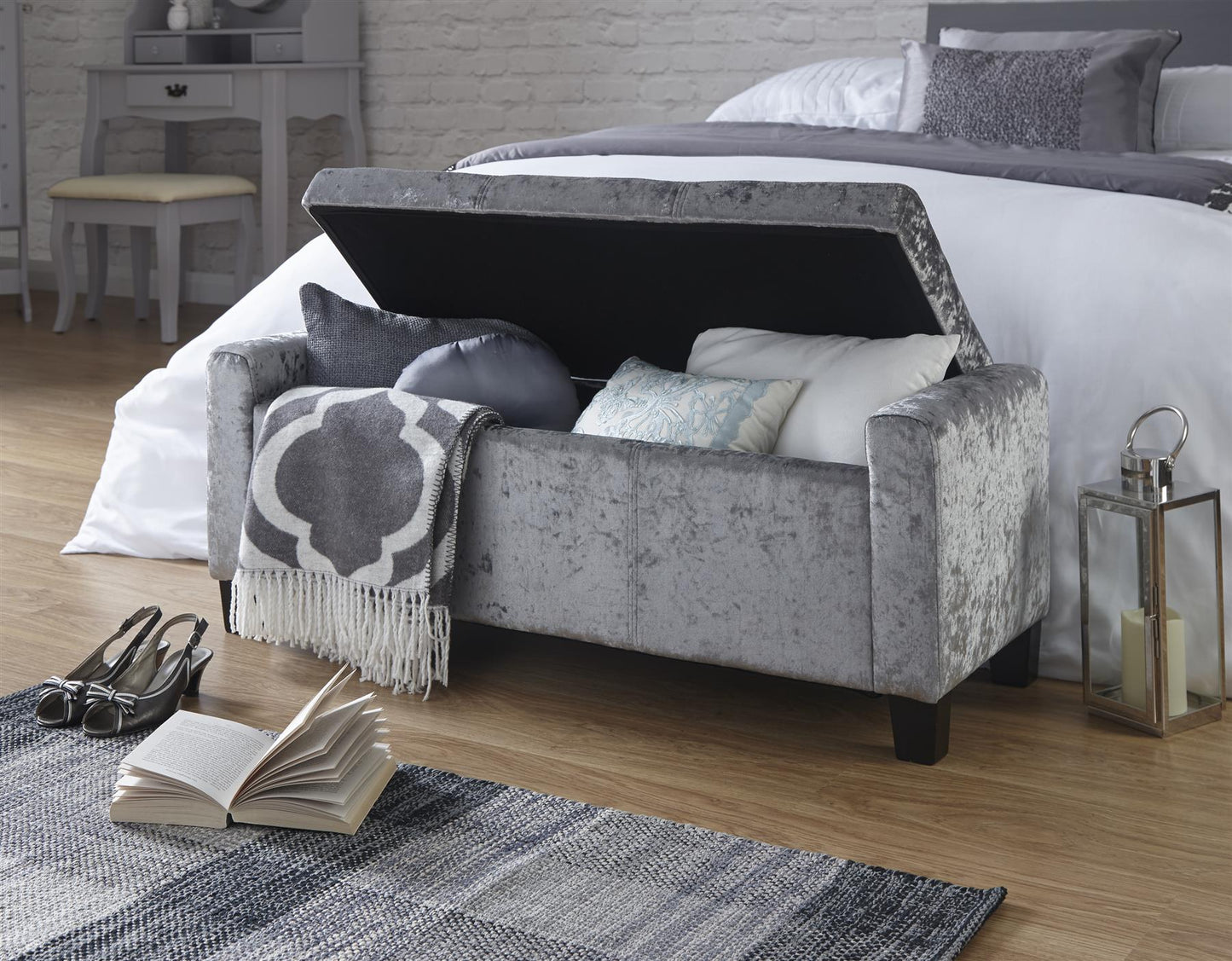 VERONA CRUSHED VELVET OTTOMAN STORAGE BENCH - GREY