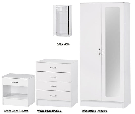 ALPHA 2 DOOR MIRRORED WARDROBE 3 PIECE BEDROOM SET - WHITE