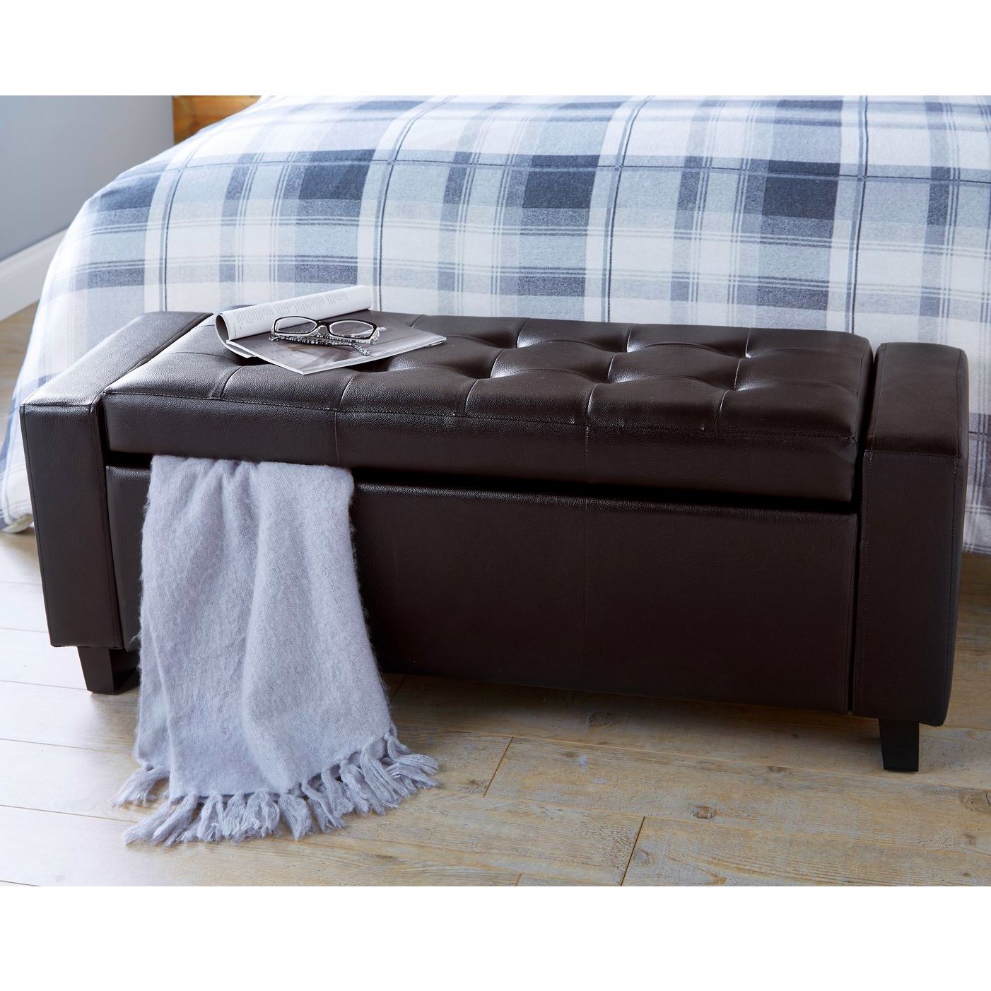 VERONA LEATHER OTTOMAN STORAGE BENCH - BROWN