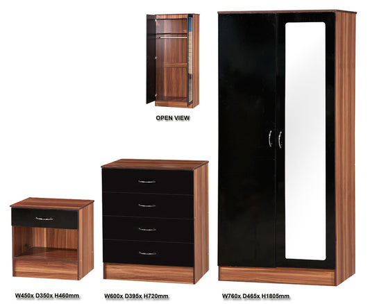 ALPHA 2 DOOR MIRRORED WARDROBE 3 PIECE BEDROOM SET - BLACK/WALNUT