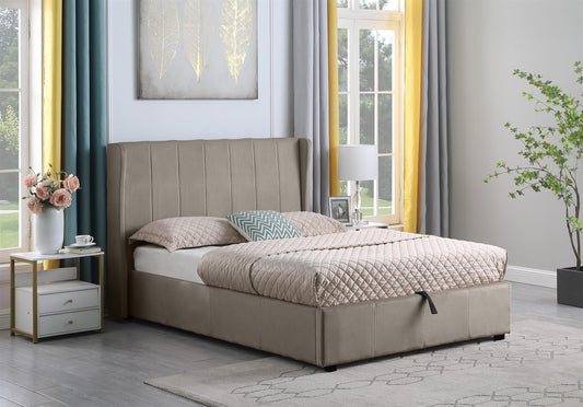 AMELIA VELVET END LIFT OTTOMAN BED - 5FT KING SIZE - OYSTER