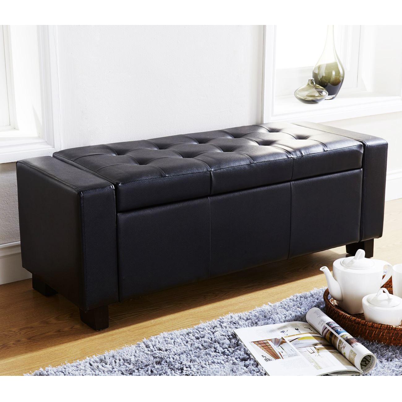 VERONA LEATHER OTTOMAN STORAGE BENCH - BLACK