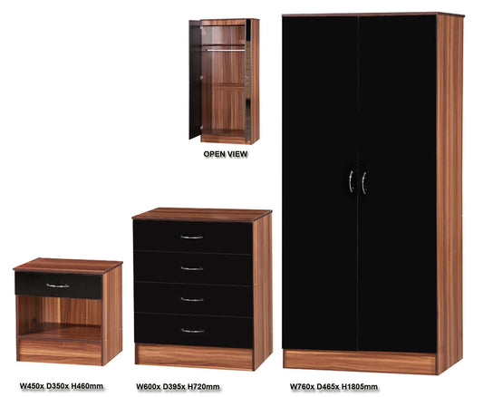 ALPHA 2 DOOR WARDROBE 3 PIECE BEDROOM SET - BLACK/WALNUT