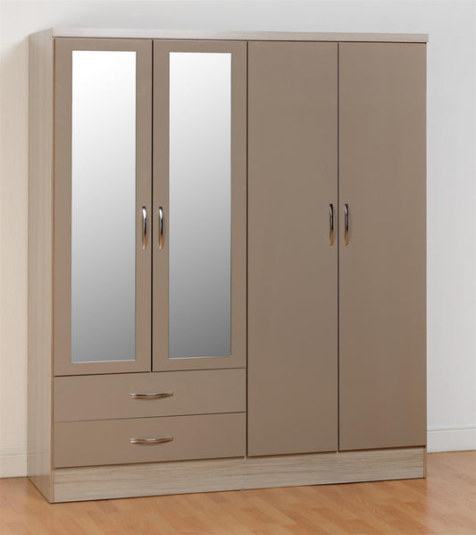 NEVADA 4 DOOR 2 DRAWER MIRRORED WARDROBE - OYSTER/LIGHT OAK