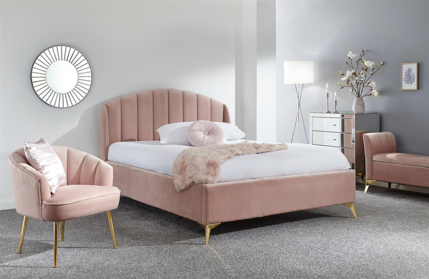 PETTINE VELVET END LIFT OTTOMAN BED - 4FT6 DOUBLE - BLUSH PINK