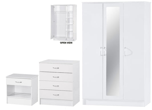 ALPHA 3 DOOR MIRRORED WARDROBE 3 PIECE BEDROOM SET - WHITE