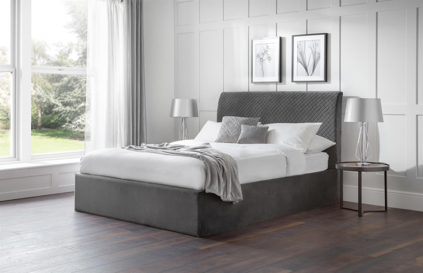 SANDERSON VELVET END LIFT OTTOMAN BED - 6FT SUPER KING SIZE - GREY