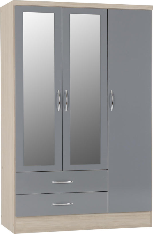 NEVADA 3 DOOR 2 DRAWER MIRRORED WARDROBE - GREY/LIGHT OAK