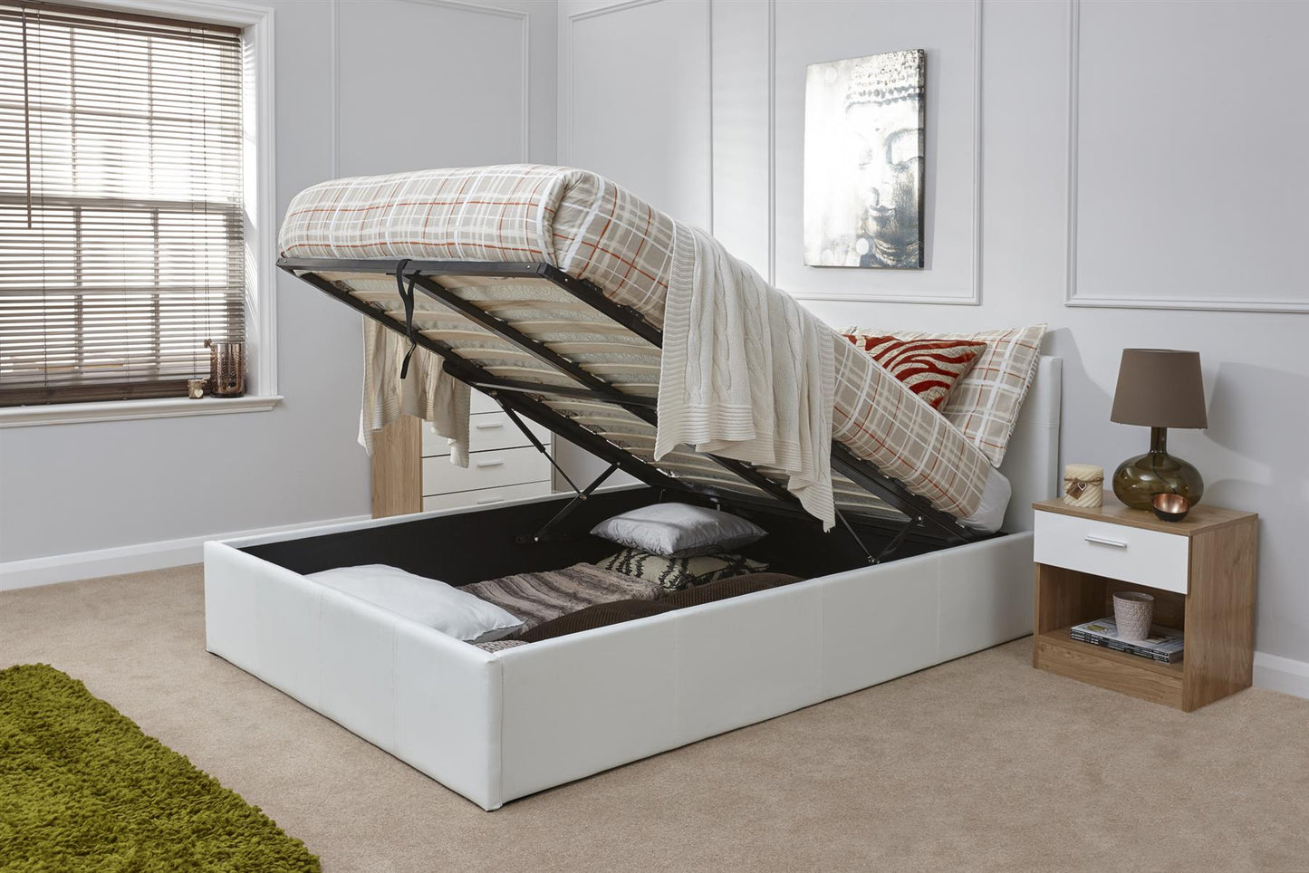 FAUX LEATHER END LIFT OTTOMAN BED - 4FT6 DOUBLE - WHITE