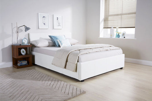 FAUX LEATHER SIDE LIFT OTTOMAN BED - 4FT SMALL DOUBLE - WHITE