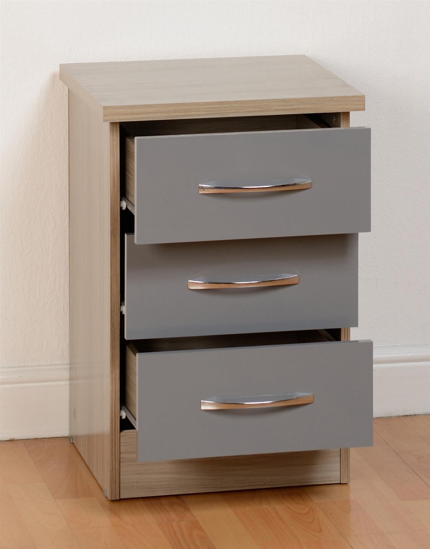 NEVADA 3-DRAWER BEDSIDE TABLE - GREY/LIGHT OAK