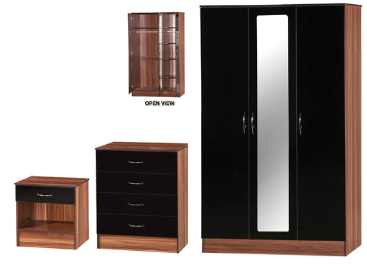 ALPHA 3 DOOR MIRRORED WARDROBE 3 PIECE BEDROOM SET - BLACK/WALNUT