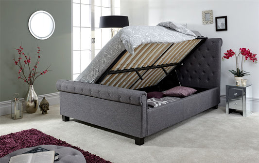 LAYLA HOPSACK FABRIC SIDE LIFT OTTOMAN BED - 4FT6 DOUBLE - CHARCOAL GREY