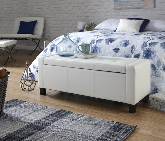 VERONA LEATHER OTTOMAN STORAGE BENCH - WHITE