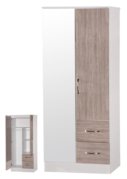 MARINA 2 DOOR COMBINATION MIRRORED WARDROBE - GREY OAK/WHITE