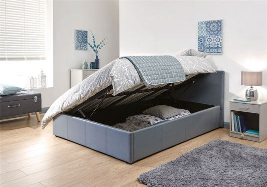 FAUX LEATHER SIDE LIFT OTTOMAN BED - 4FT6 DOUBLE - GREY