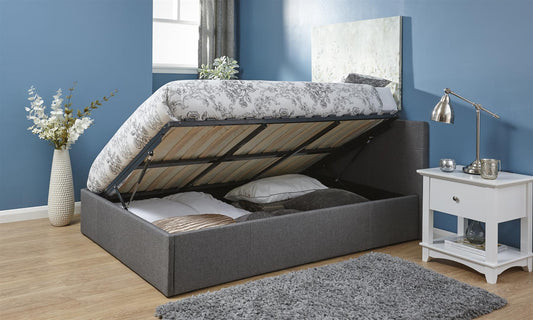 HOPSACK FABRIC SIDE LIFT OTTOMAN BED - 4FT6 DOUBLE - GREY