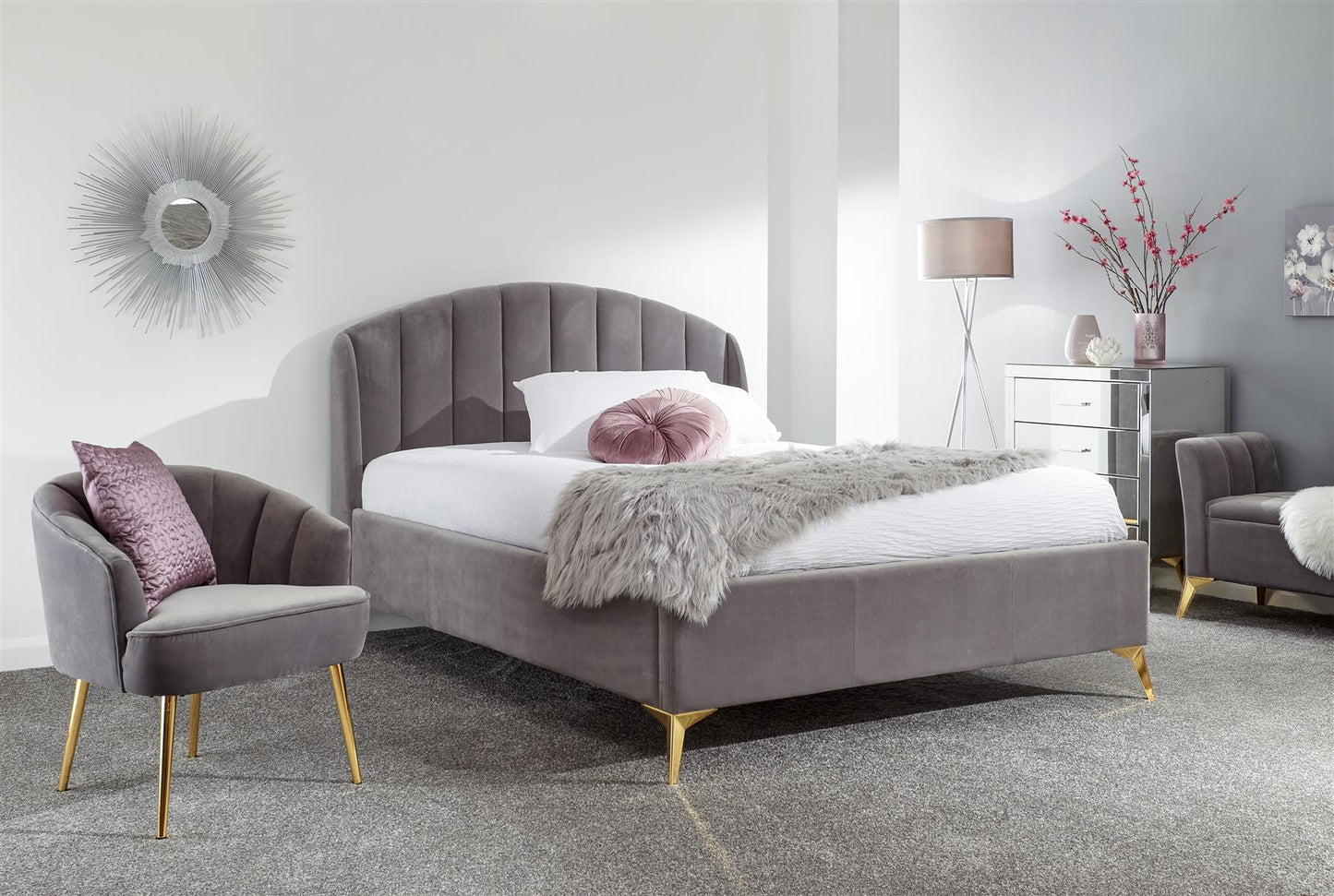 PETTINE VELVET END LIFT OTTOMAN BED - 5FT KING SIZE - GREY