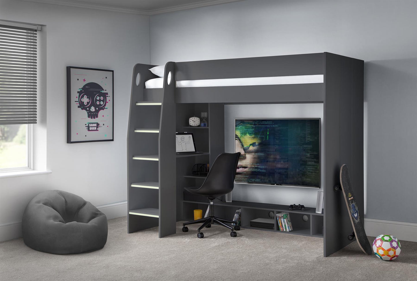 NEBULA GAMING HIGH SLEEPER BUNK BED - ANTHRACITE