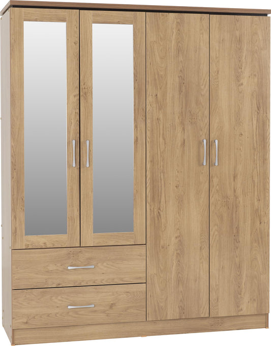 CHARLES 4 DOOR 2 DRAWER MIRRORED WARDROBE - OAK