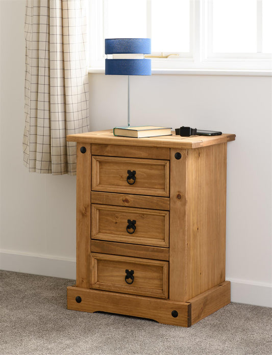 CORONA 3-DRAWER BEDSIDE TABLE - DISTRESSED WAXED PINE