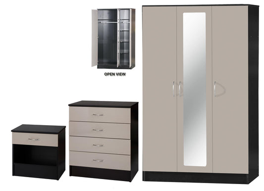 ALPHA 3 DOOR MIRRORED WARDROBE 3 PIECE BEDROOM SET - LUXE STONE GREY/BLACK